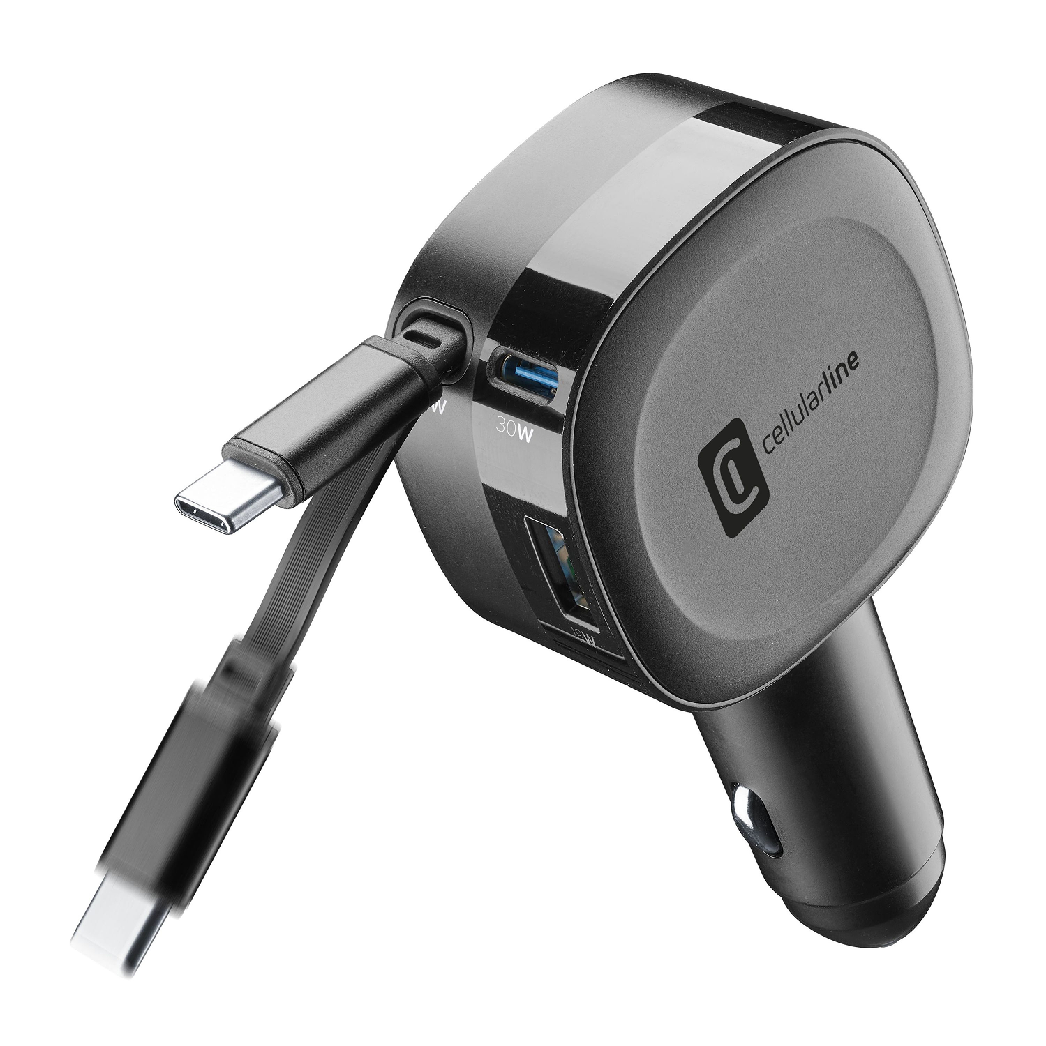 Un cargador de coche negro y gris con dos puertos USB.