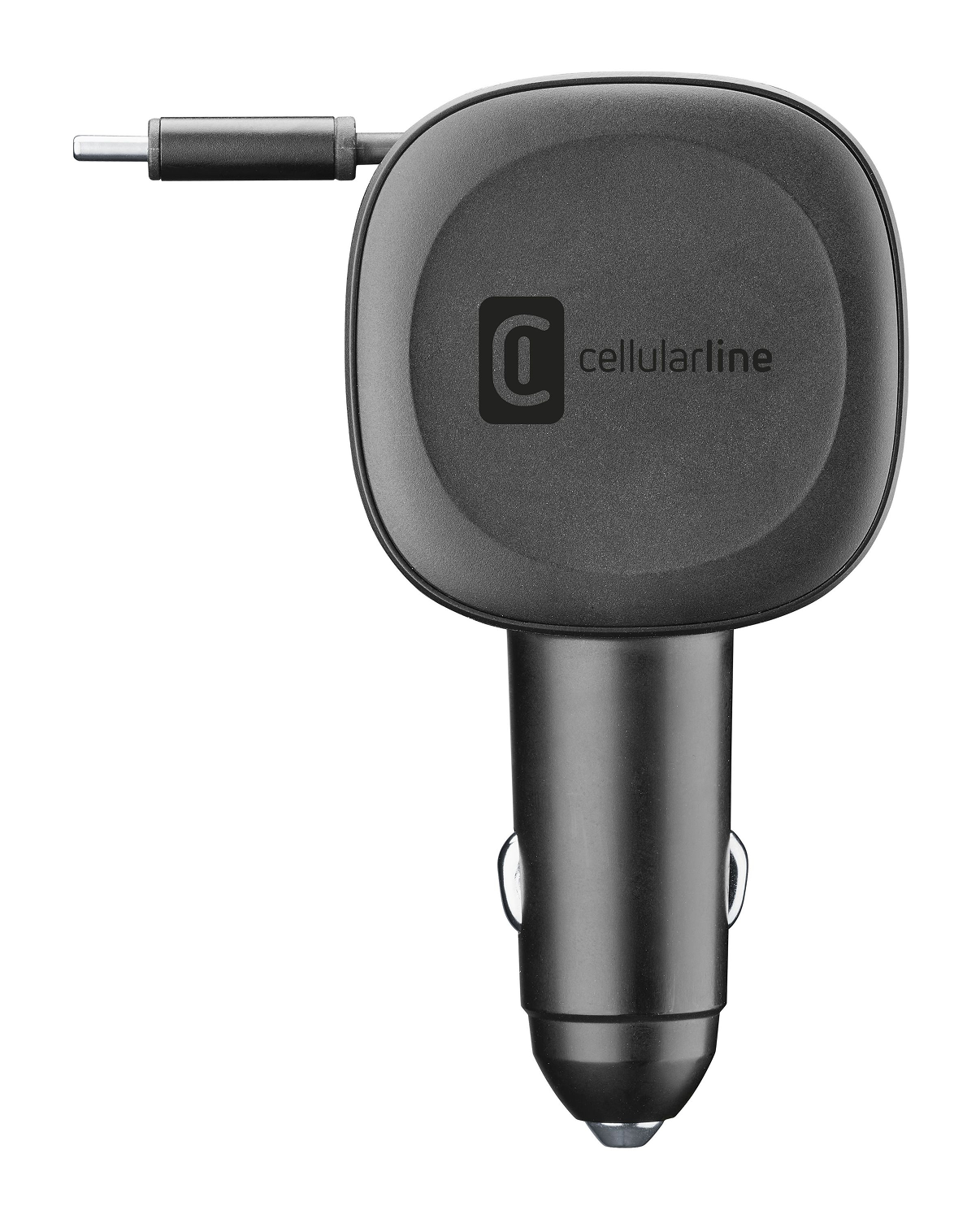 Un cargador de coche negro y gris con un logotipo de cellularline.