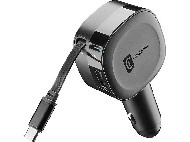Cargador coche - Cellularline ROLL, Retráctil, 30 W, Tipo C, Universal, Negro
