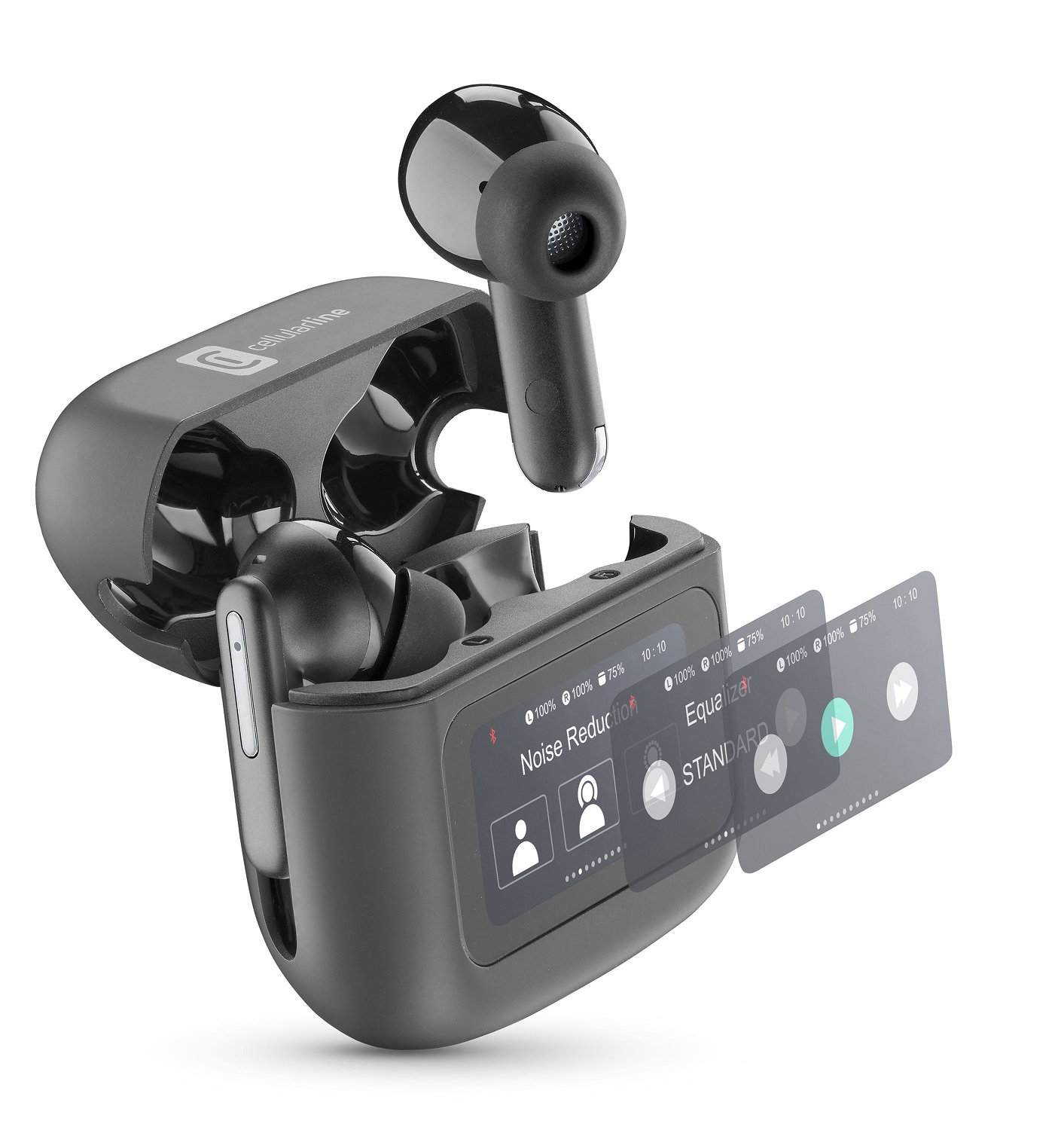 Auriculares en estuche de carga con pantalla que muestra la configuración del ecualizador y la reducción de ruido.