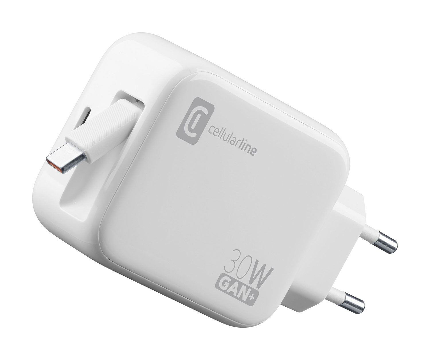 Cargador Cellularline blanco con puerto USB-C y enchufe. 30W GAN+.