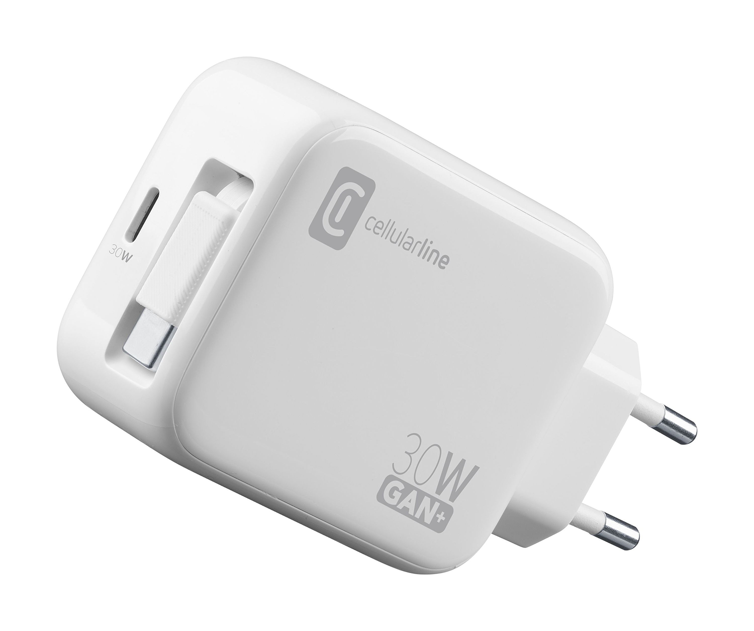 Cargador Cellularline blanco con puerto USB-C y enchufe. 30W GAN+.