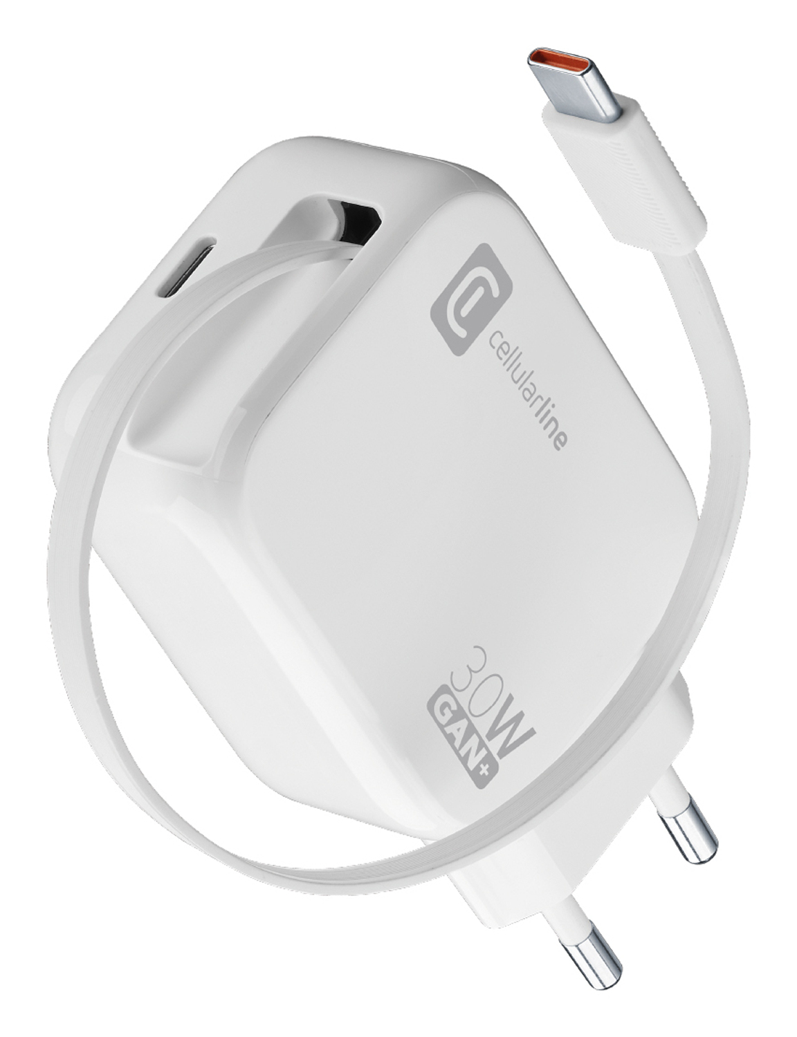 Cargador blanco con cable adjunto. El texto 30W GAN+ y el logo Cellularline son visibles.