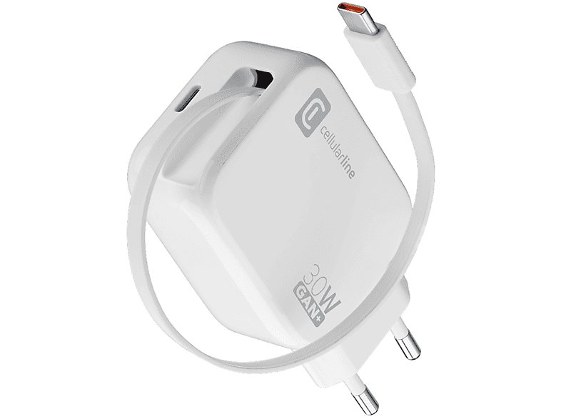 Cargador móvil - CellularLine Roll GaN+, 30 W, Cable retráctil, USB C, Universal, Blanco