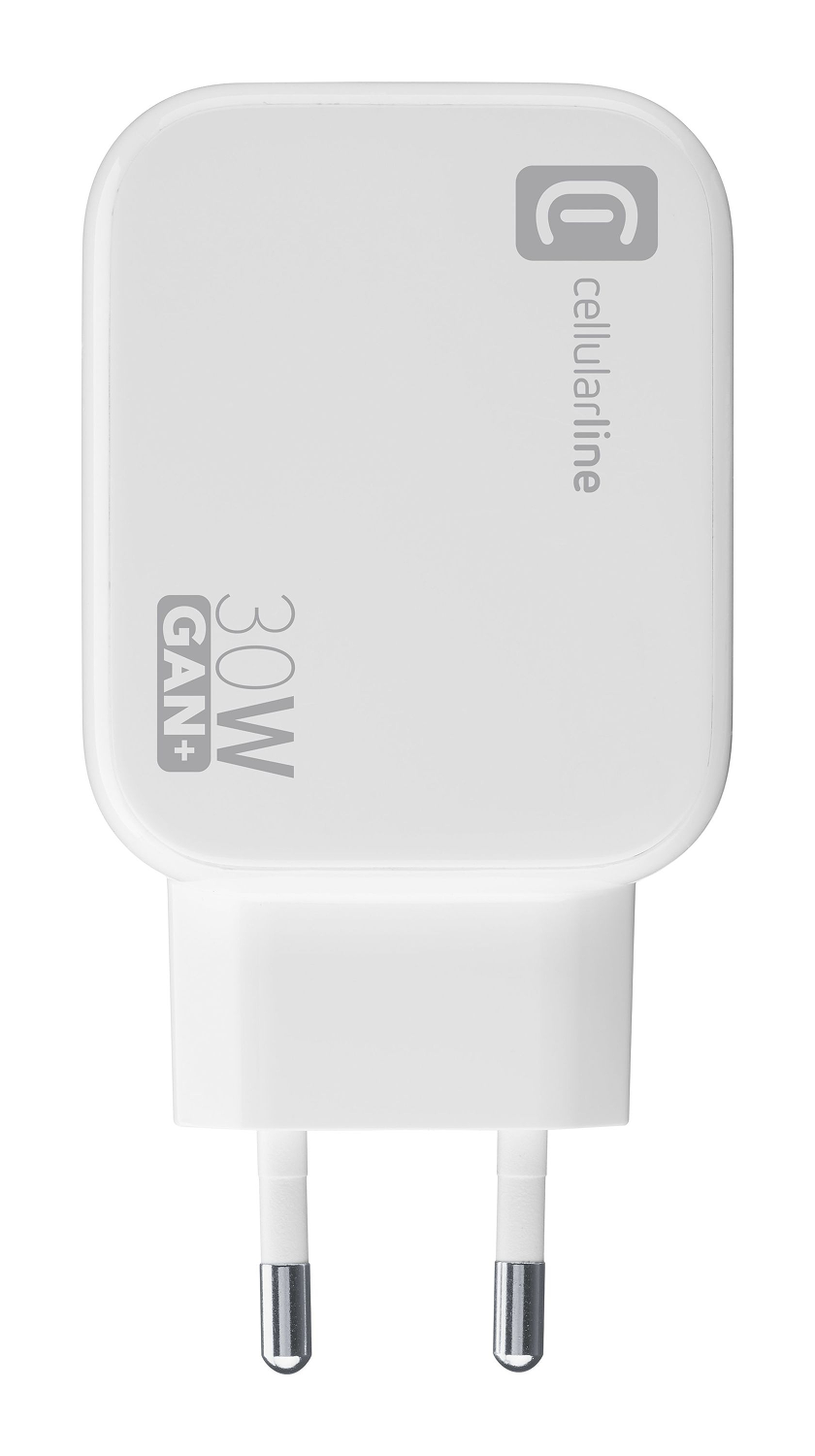 Cargador blanco con logo Cellularline y texto 30W GAN+. Dos clavijas en la parte inferior.