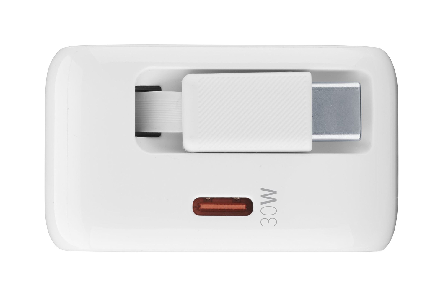 Vista superior del cargador blanco con cable y texto 30W. El cable está conectado.