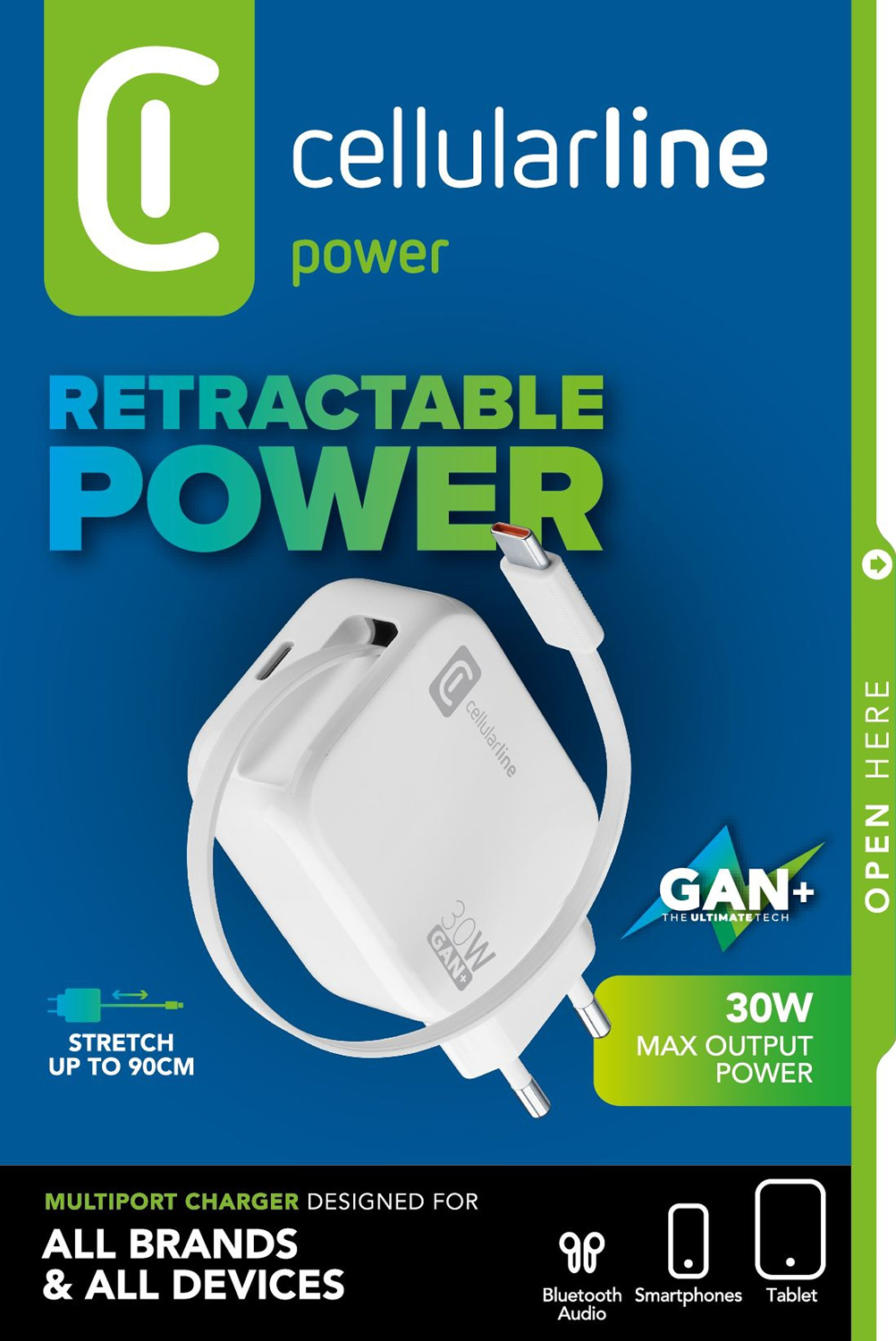 Imagen promocional de un cargador blanco con cable. Publicita energía retráctil.