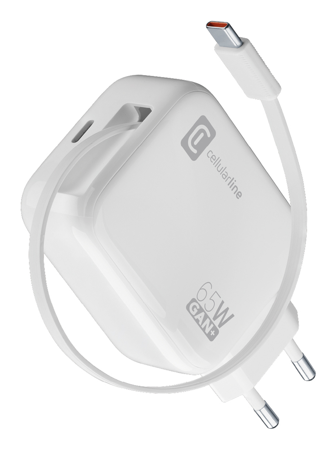 Cargador blanco con cable. Tiene el logo Cellularline y el texto 65W GAN+.