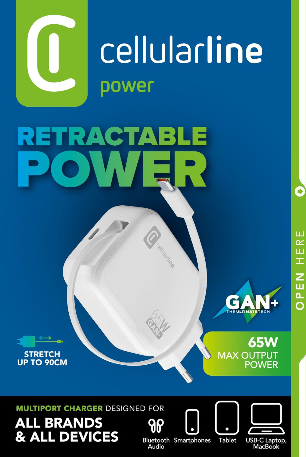 Un cargador Cellularline blanco con cable retráctil, diseñado para múltiples dispositivos.