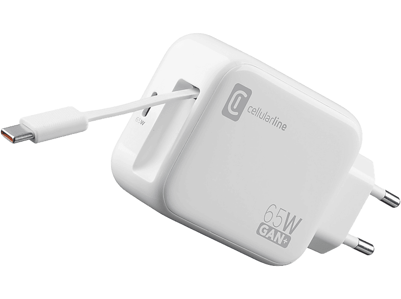 Cargador móvil - CellularLine ROLL, Retráctil, 65W, Tipo C, Universal, Blanco