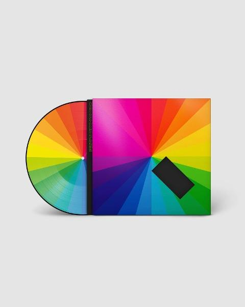 Albumcover, farbenfrohes Design mit Regenbogenmuster, einem schwarzen Quadrat und einer Vinylplatte.