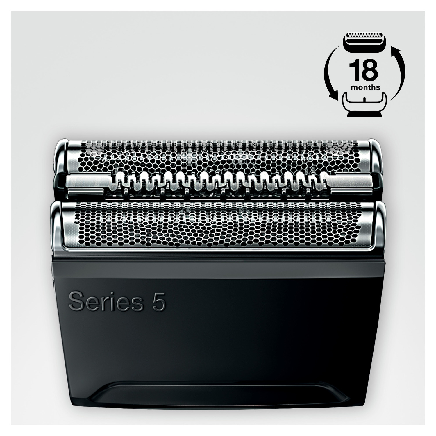 Close-up of Braun Series 5 shaver heads. Silver mesh, black frame, with 18 months icon.