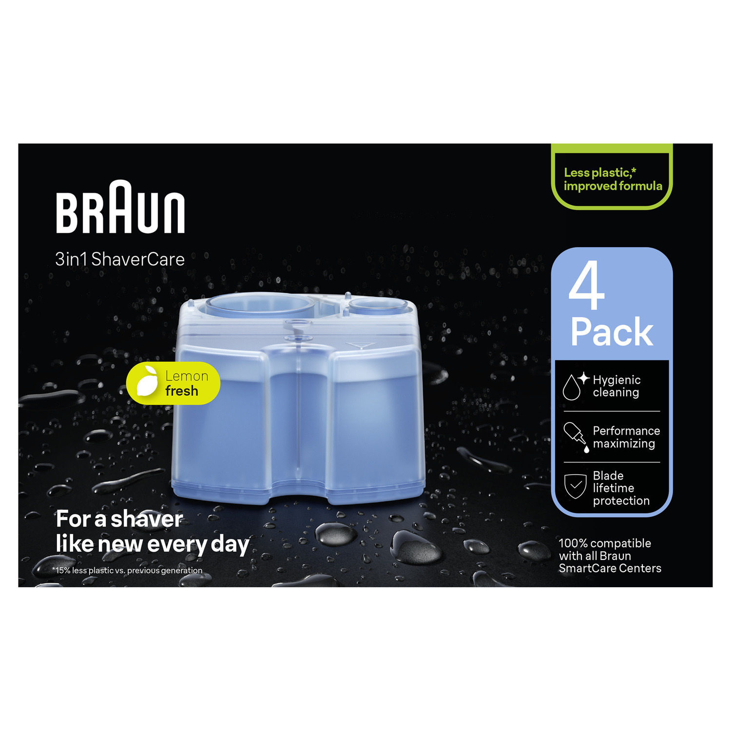 Braun 3in1 ShaverCare 4-pack, met een blauwe reinigingscartridge en 'Lemon fresh' label.