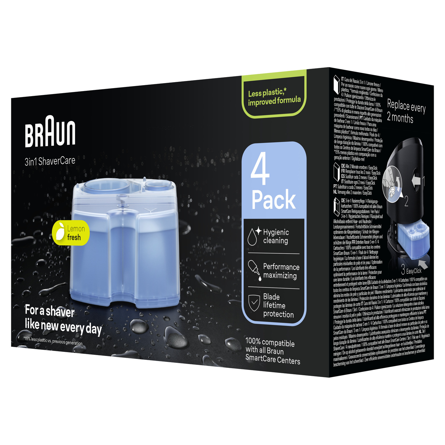 Braun 3in1 ShaverCare 4-pack, met blauwe reinigingscartridge en 'Vervang elke 2 maanden' info.