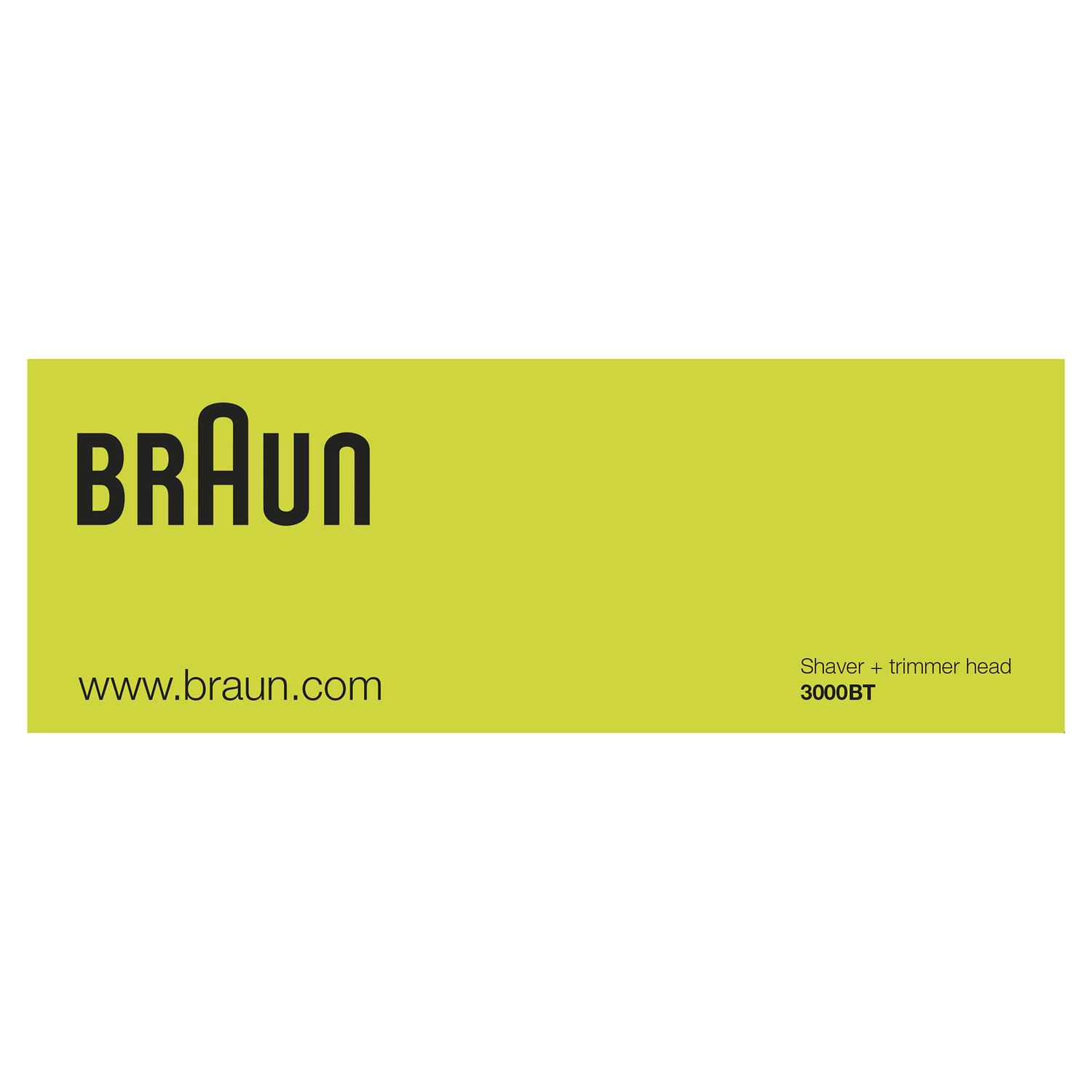 Gele rechthoek met het Braun-logo, websiteadres en 'Shaver + trimmer head 3000BT'.