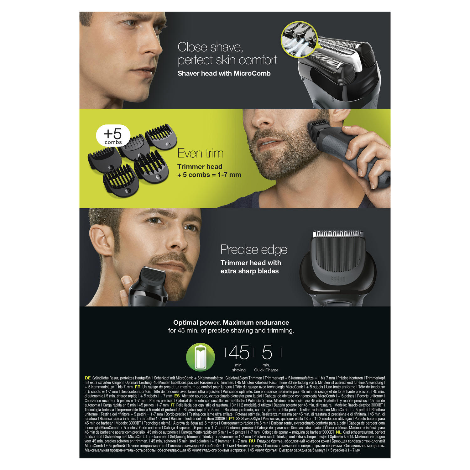 Man scheert zich met een Braun scheerapparaat. Tekst toont kenmerken en voordelen zoals glad scheren en comfort.