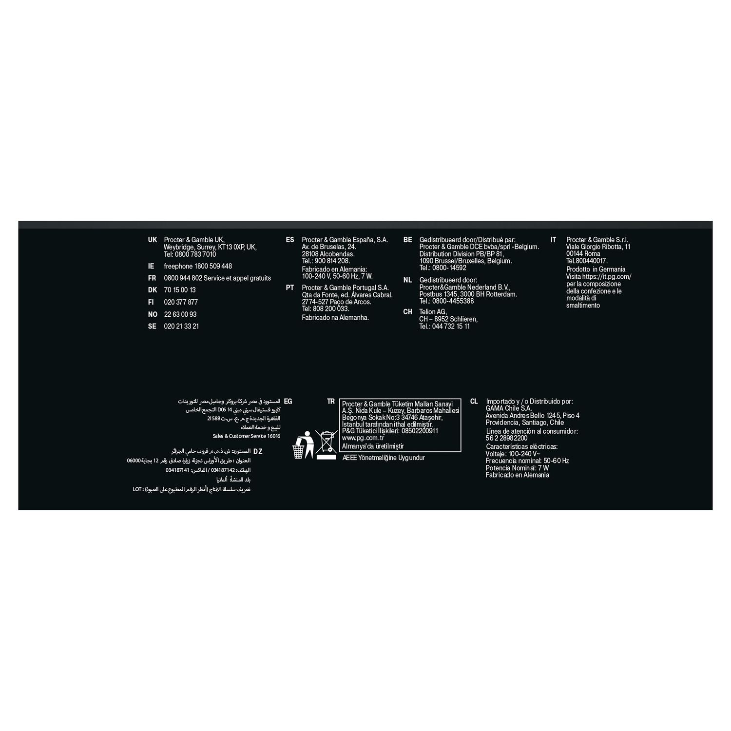 Zwart-witte tekst op een zwarte achtergrond. Het vermeldt contactgegevens voor Procter & Gamble in verschillende landen.