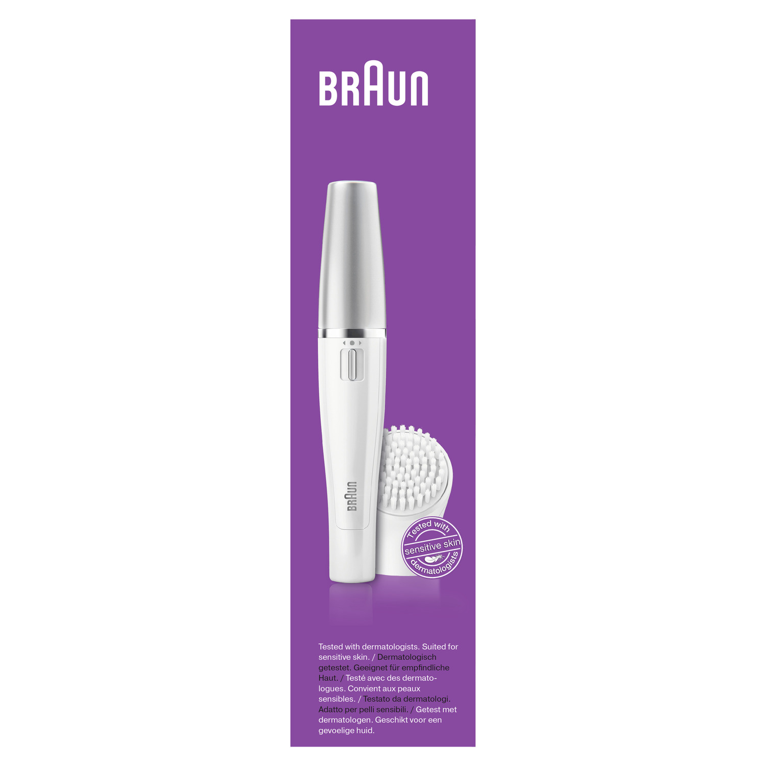 Une brosse nettoyante pour le visage Braun blanche et argentée sur fond blanc avec le logo Braun.