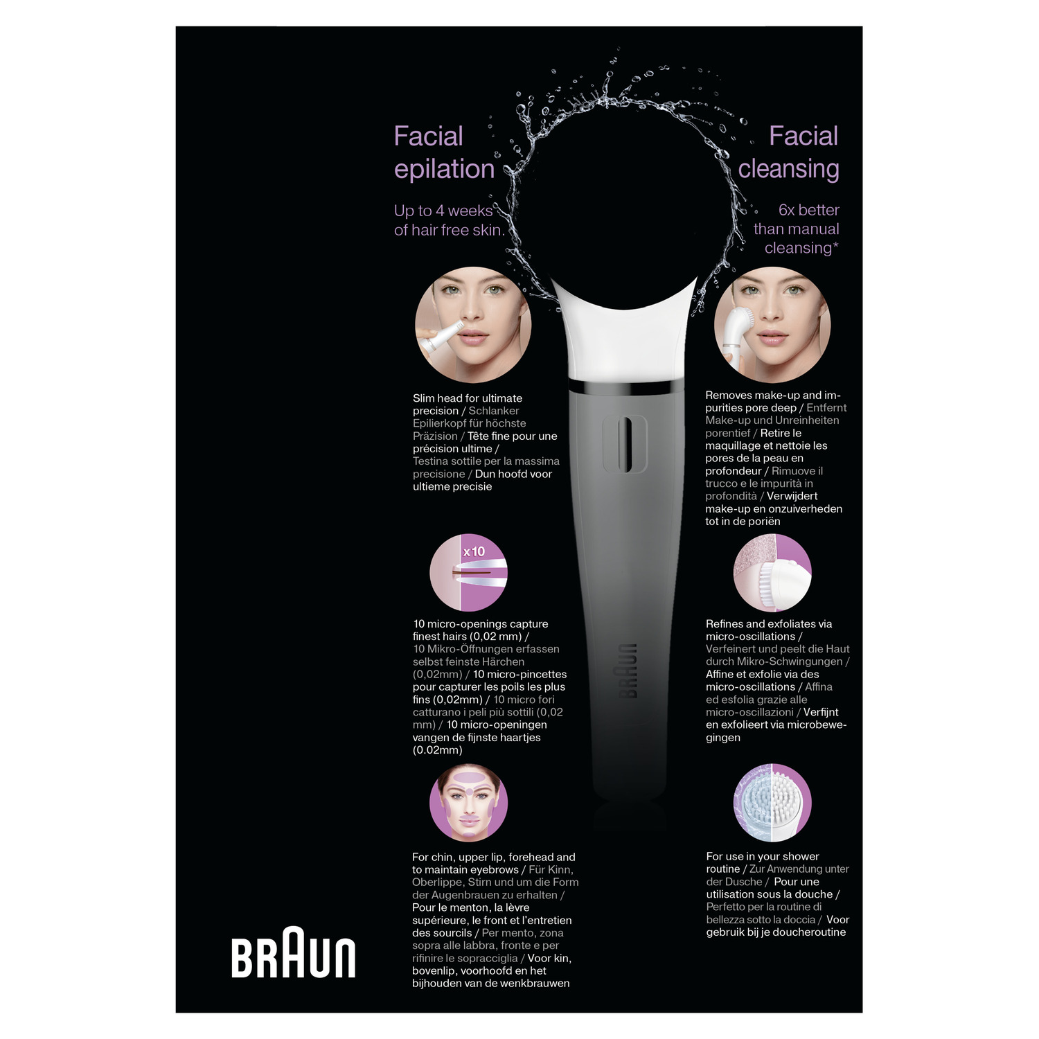 Une publicité montrant une femme utilisant un appareil de nettoyage et d'épilation du visage Braun. Elle met en évidence les avantages.