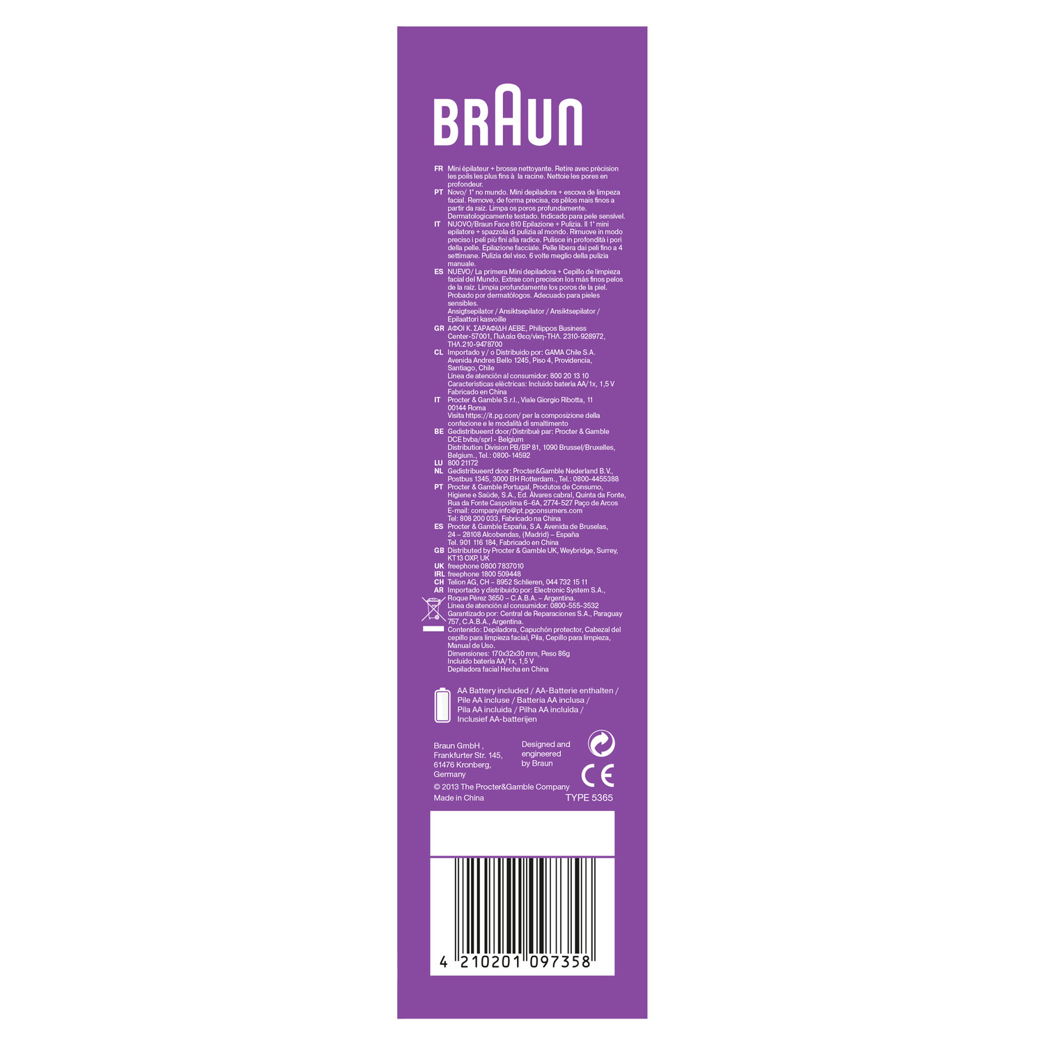 Un emballage avec une brosse nettoyante pour le visage Braun. Le texte en plusieurs langues explique les détails du produit et les coordonnées.