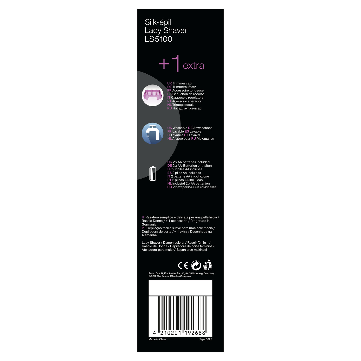Packaging of a Braun Silk-épil Lady Shaver LS 510. It includes extra accessories and battery information.