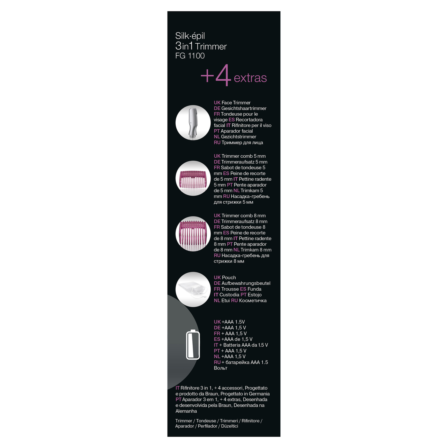 Image shows Braun Silk-épil 3-in-1 trimmer FG1100, with accessories and features. Text and icons are present.