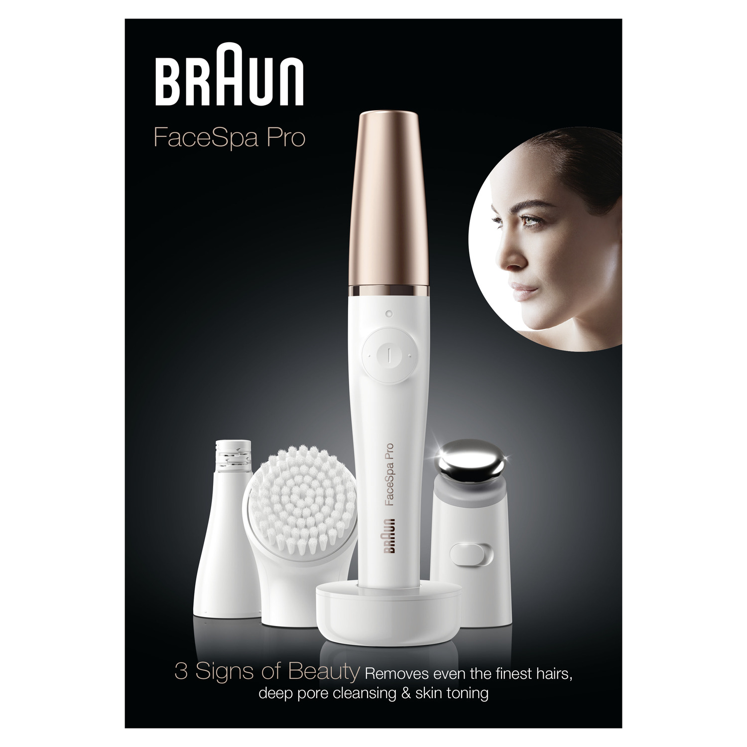 L'image montre un appareil Braun FaceSpa Pro avec accessoires. Texte: 3 Signes de Beauté Élimine même les poils les plus fins.