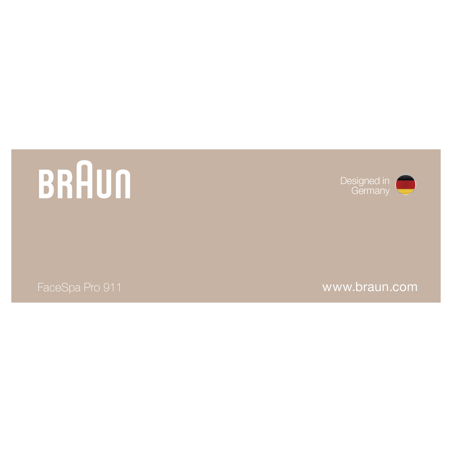 L'image montre un produit Braun. Texte: Braun, FaceSpa Pro 911, Conçu en Allemagne, et le site Web de Braun.