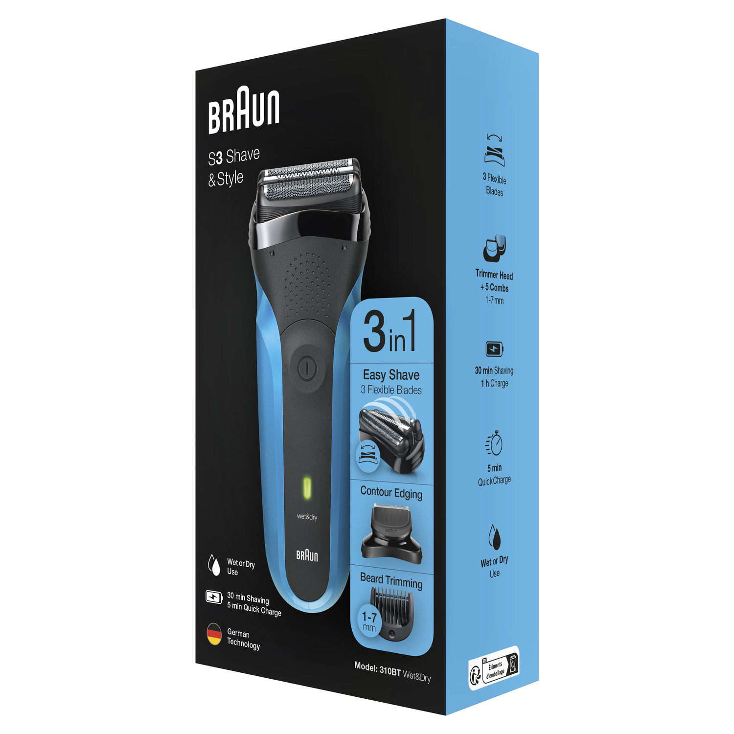 L'image montre la boîte du rasoir Braun S3 Shave & Style. Les caractéristiques incluent 3 lames flexibles, rasage facile, taille de la barbe.