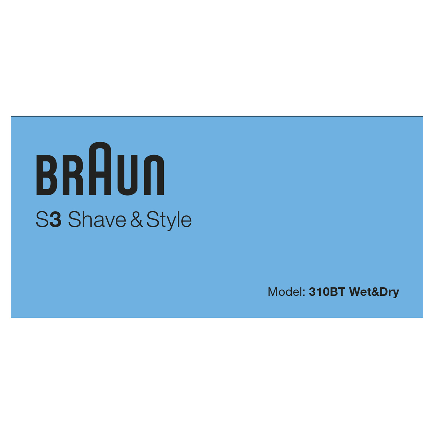 L'image montre un fond bleu avec le logo Braun S3 Shave & Style et les informations sur le modèle du produit.