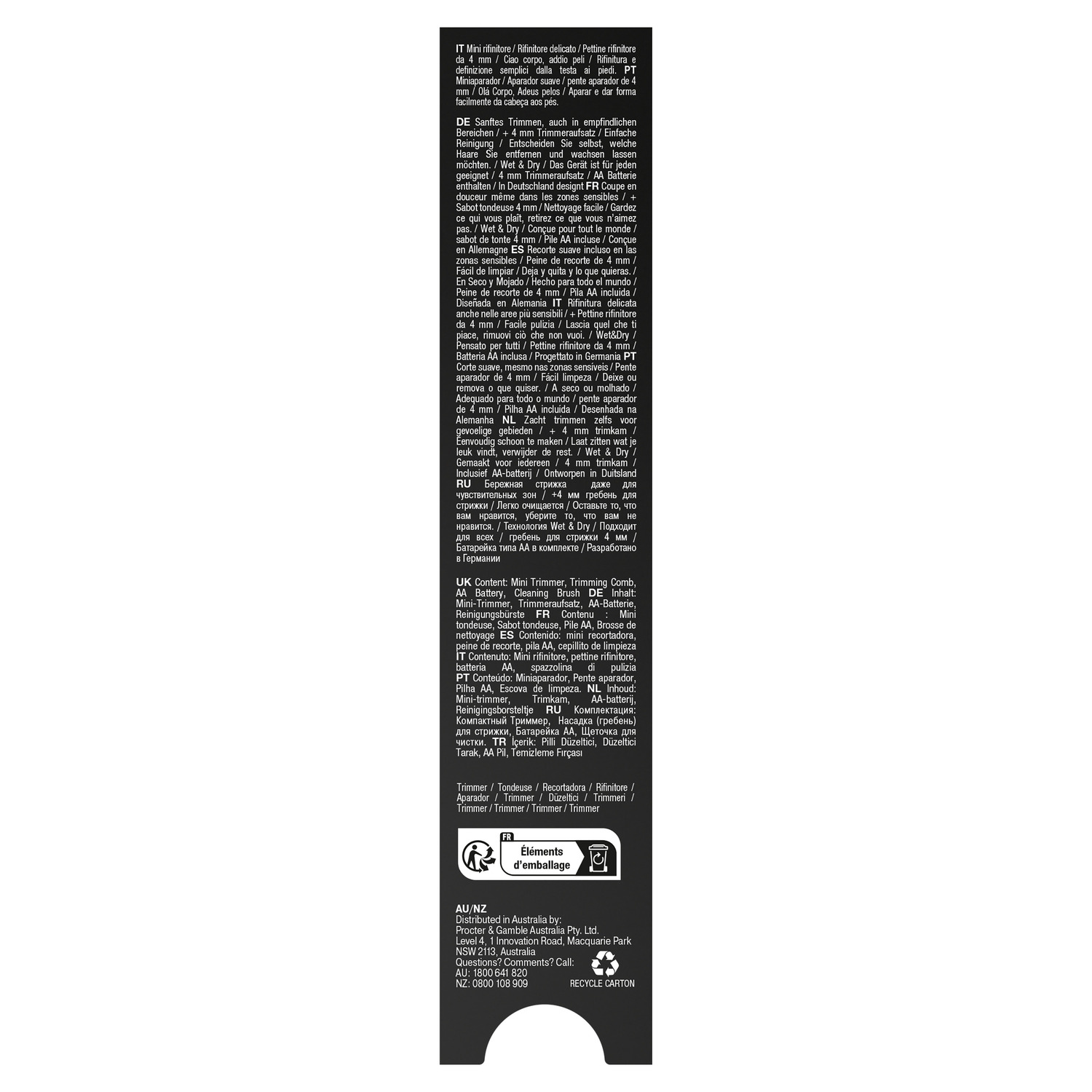 Braun product packaging with texts in multiple languages. Black background with white text, recycling symbol, and details.