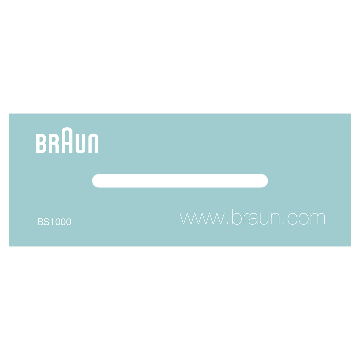 Braun BS1000 product card. Teal blue background with the Braun logo, a white line, and website address.