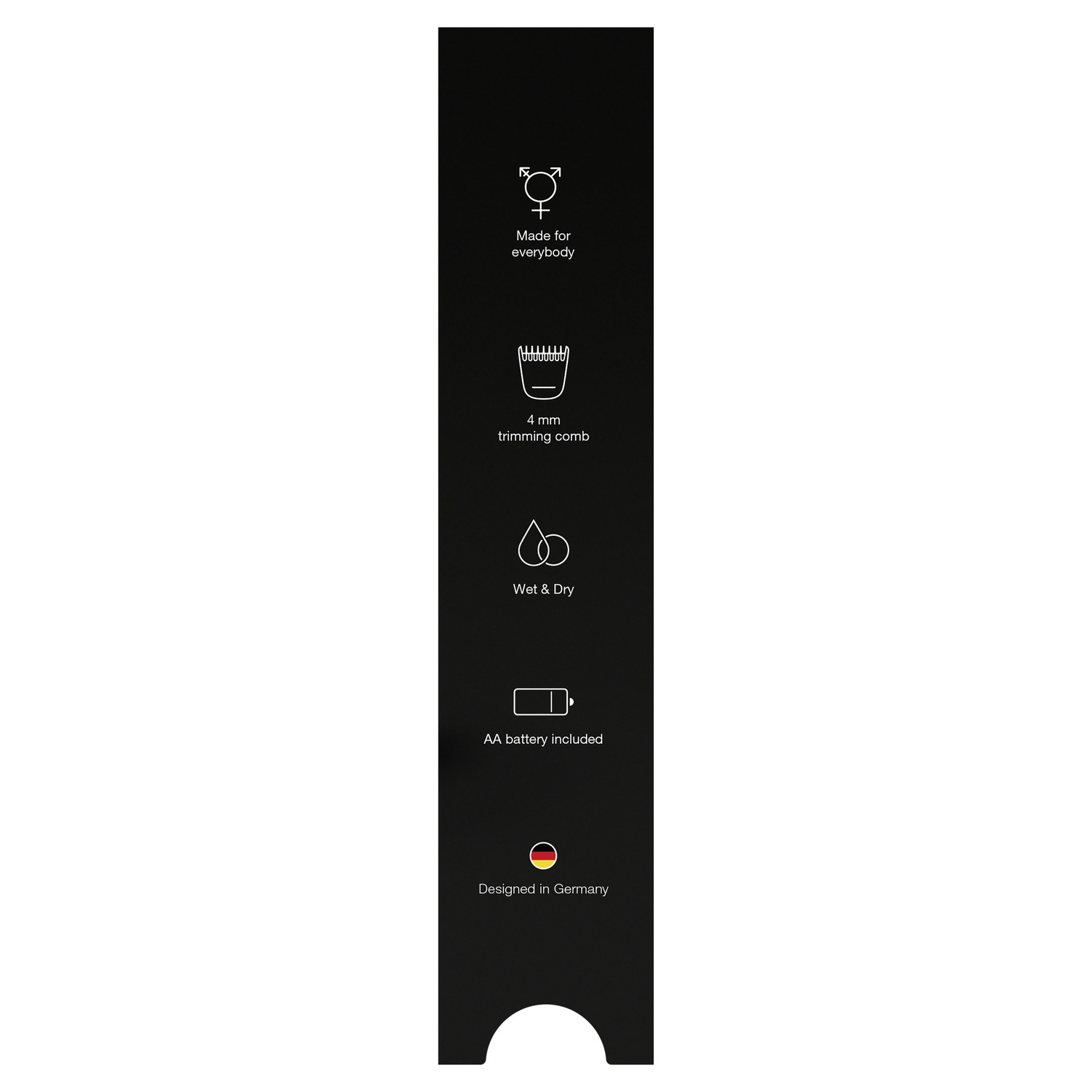 Black product packaging, with icons and text. Contains icons for trimming comb, wet & dry, and battery included.