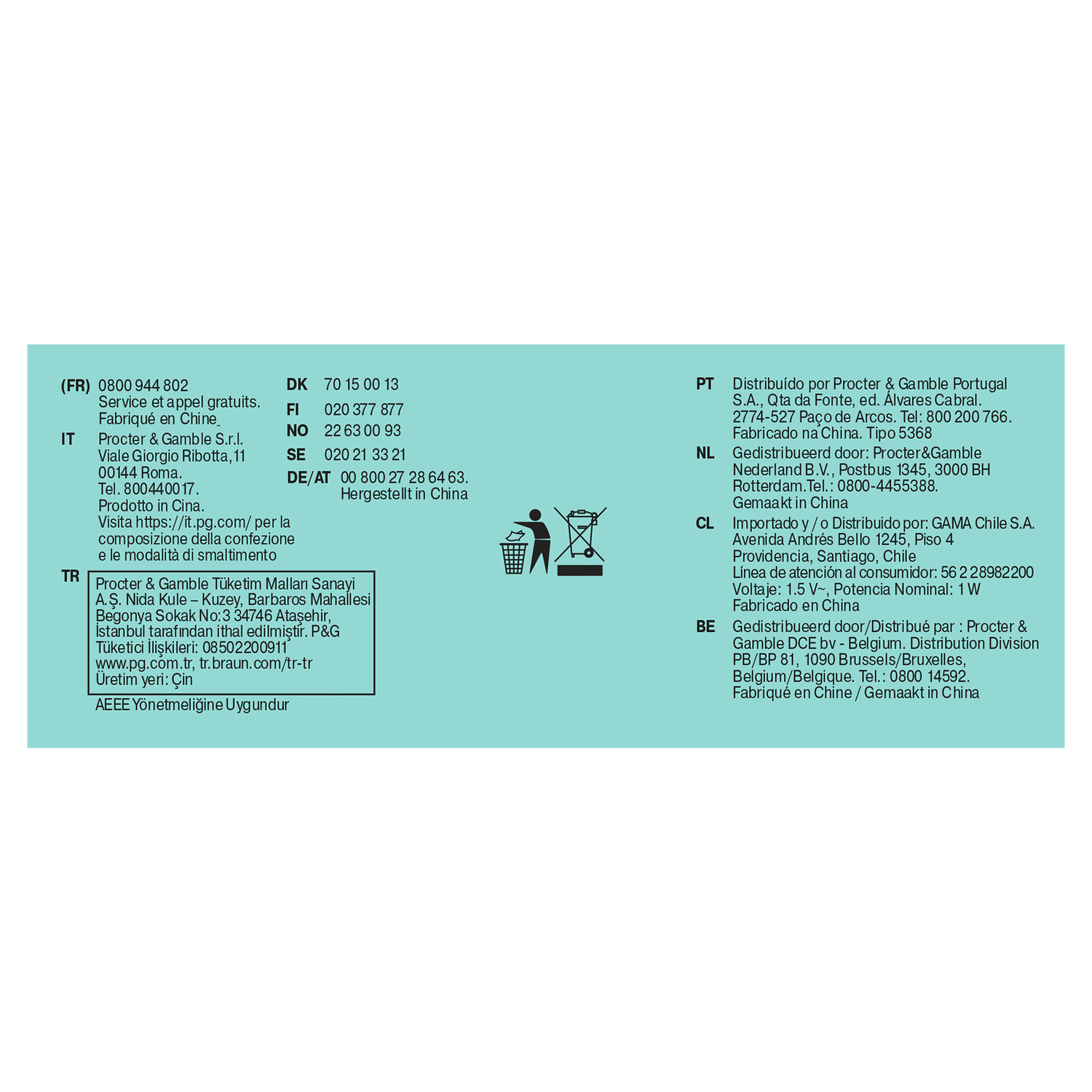 Text in multiple languages about product details, contact information, and recycling symbols. Various logos are included.