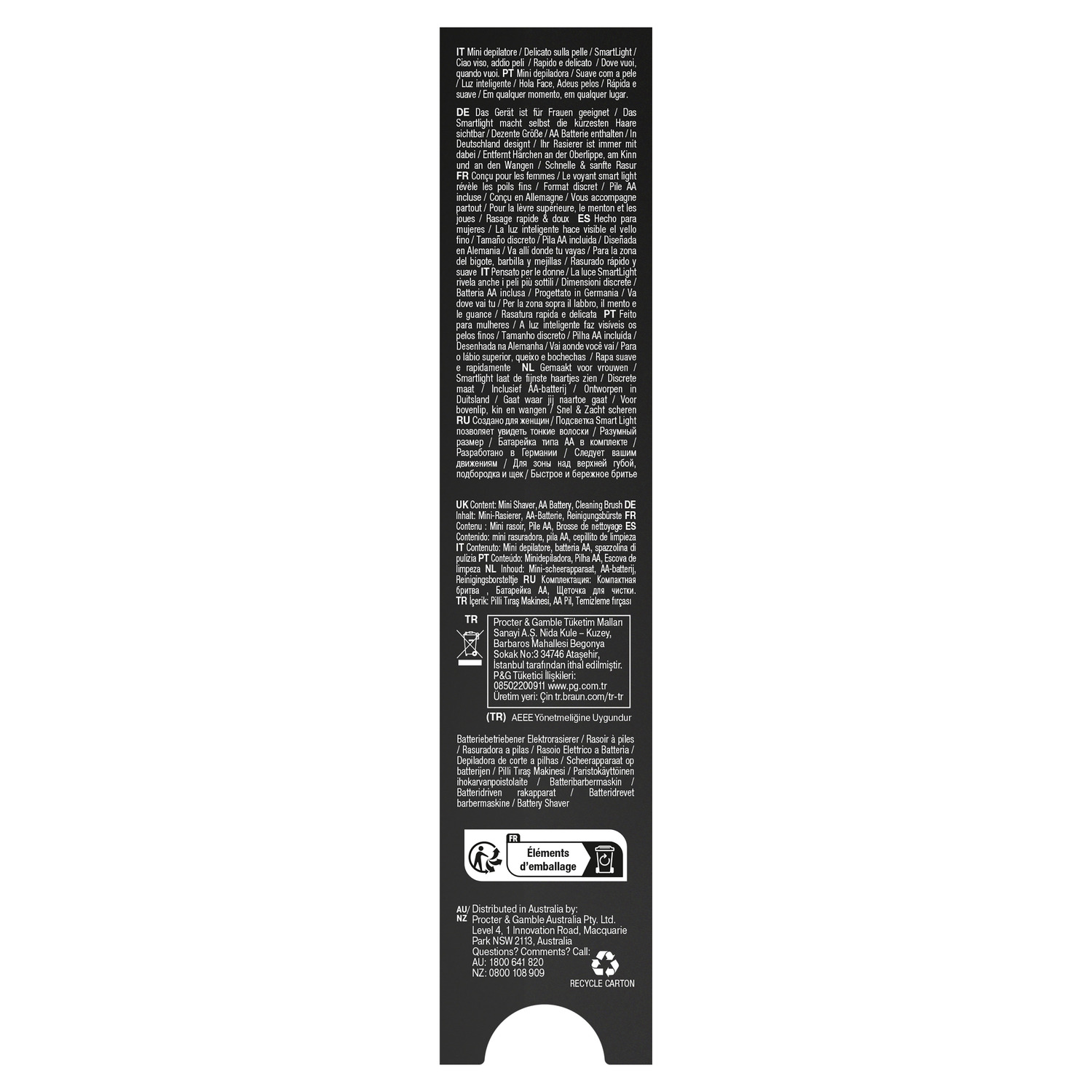 Braun product packaging with details in multiple languages. Includes text, recycling icons, and product information.