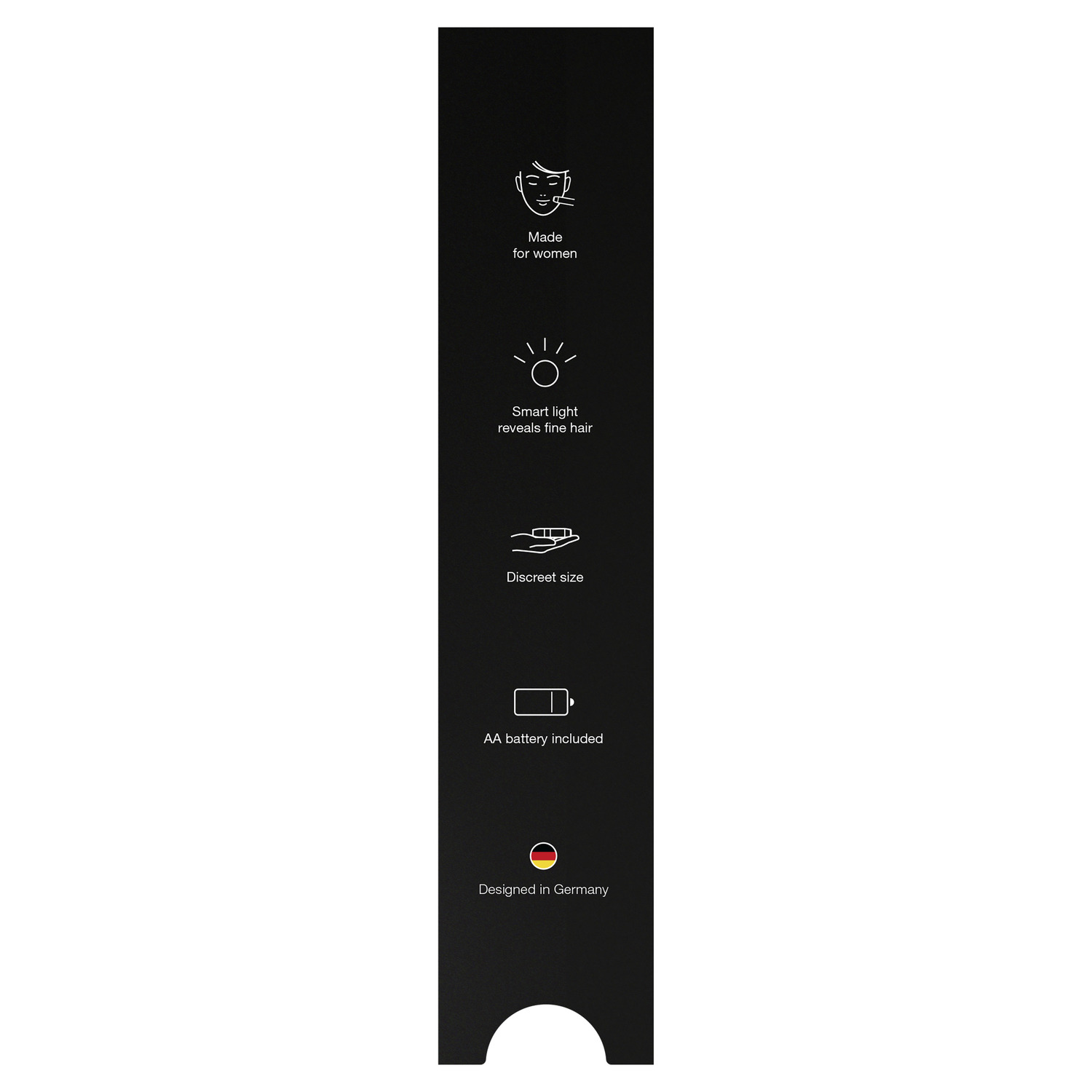 Black product packaging, with icons and text. Contains icons for made for women, smart light, and AA battery.