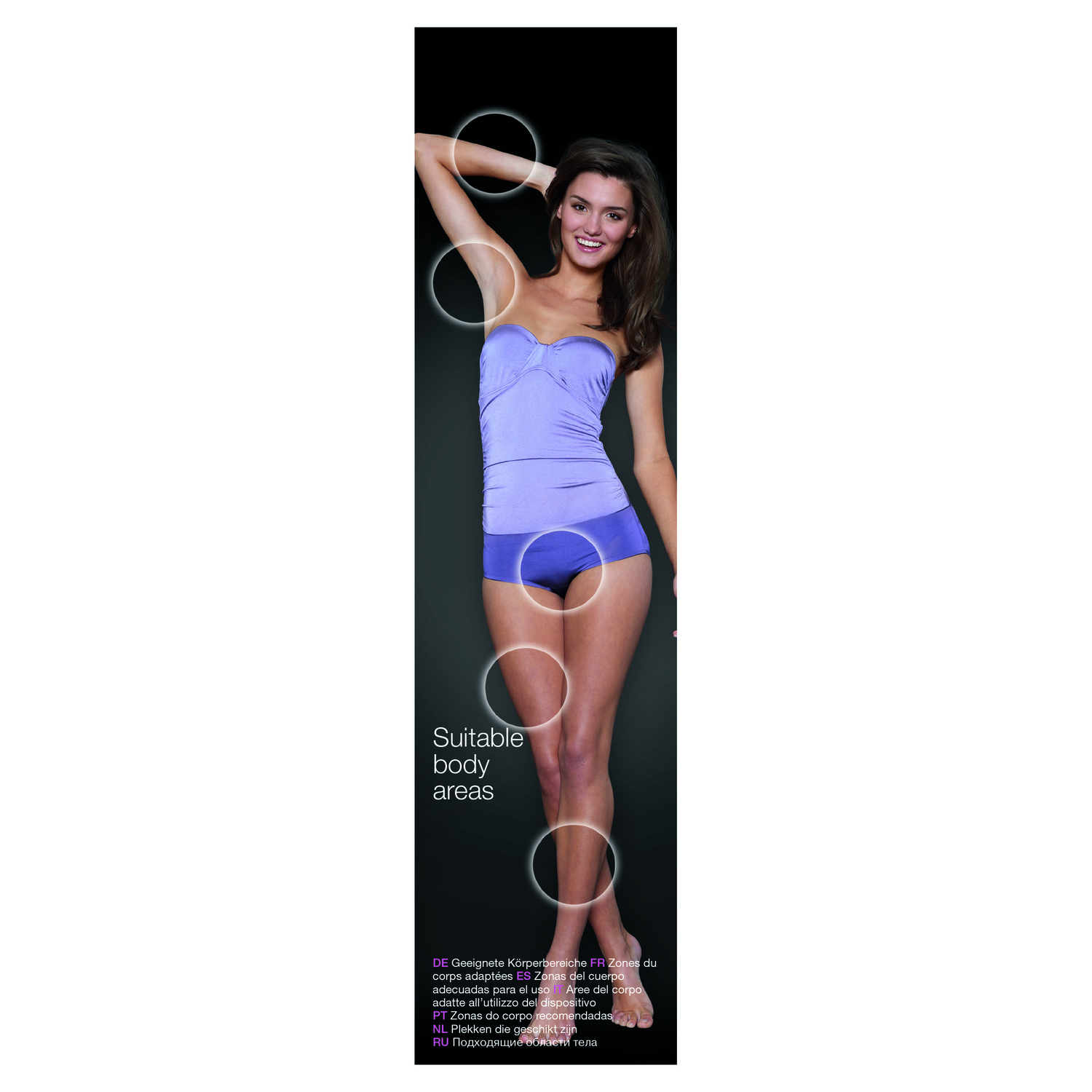 Woman's body with circles over areas. Circles show areas to use the product. Dark background, text at the bottom.
