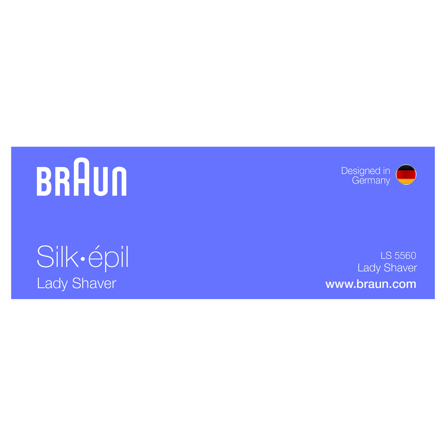 Braun Silk-épil Lady Shaver product card. Purple background, with the Braun logo, text, and website address.