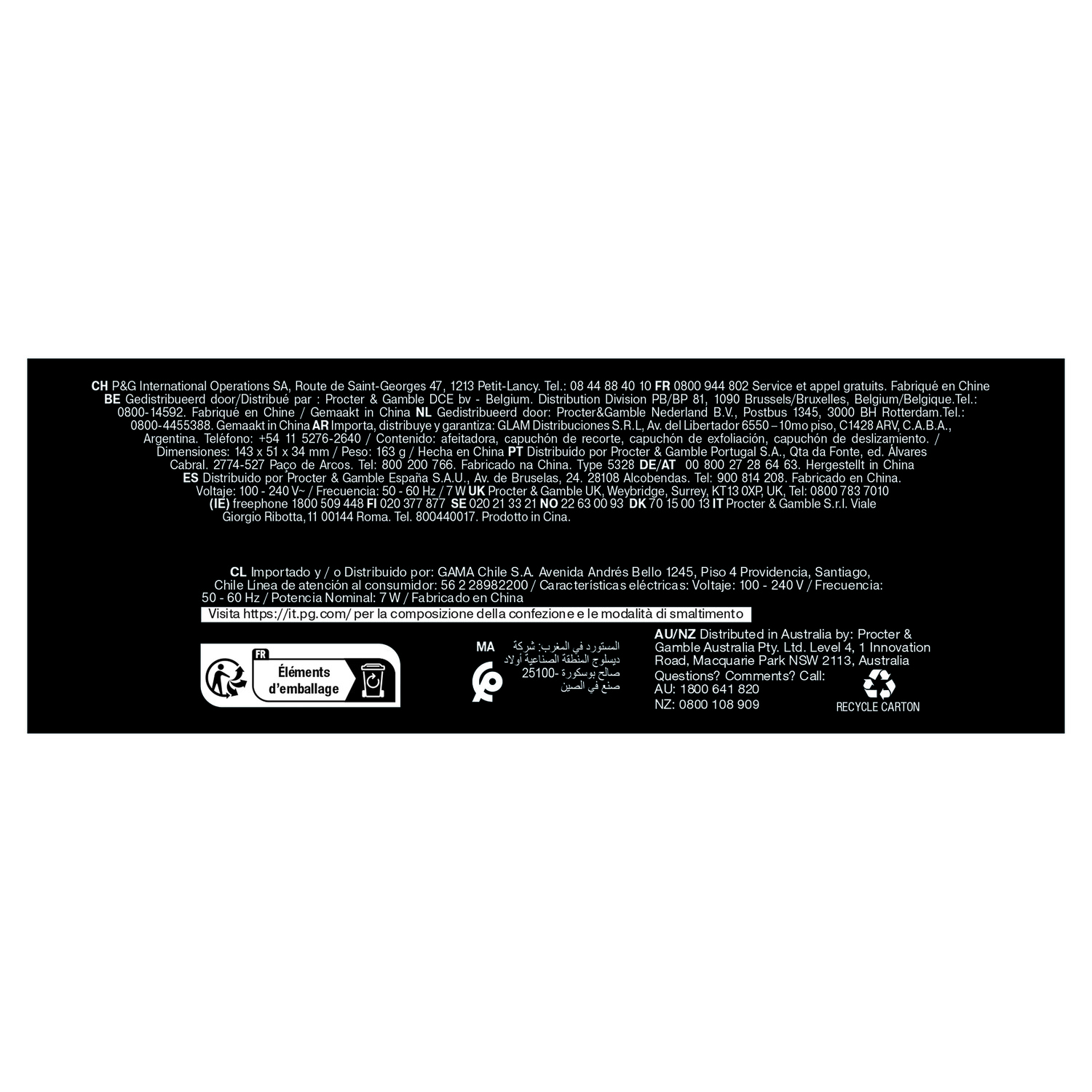 Text in multiple languages, recycle symbol.