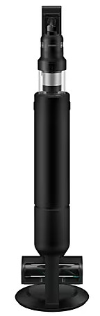 Czarny odkurzacz z przezroczystym pojemnikiem na kurz, widok pionowy.