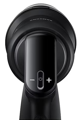 Widok z góry na czarny uchwyt odkurzacza z przyciskami zasilania.