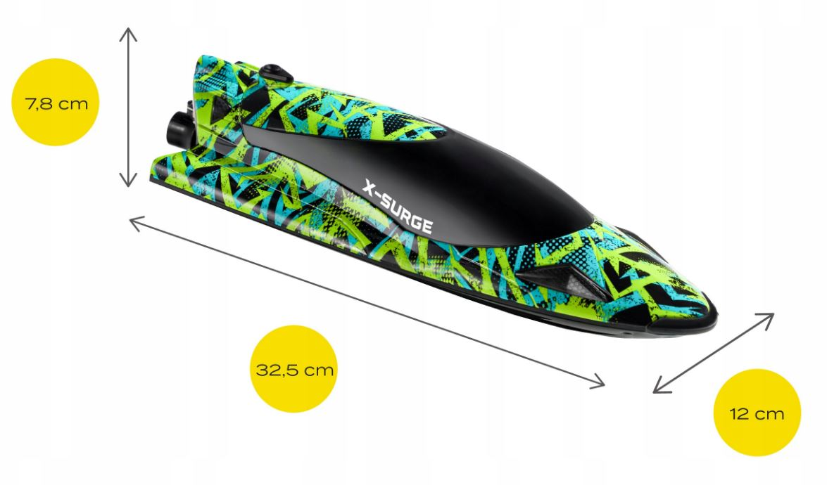 Łódź RC z wymiarami: 32,5 cm długości, 7,8 cm wysokości, 12 cm szerokości.