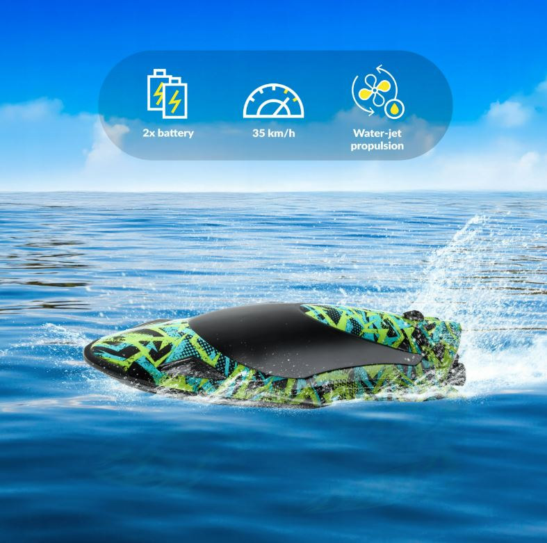 Łódź RC na wodzie z napędem strumieniowym i ikonami baterii.