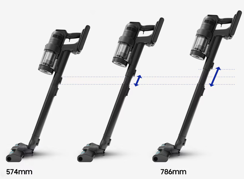 Trzy czarne odkurzacze z regulowaną wysokością, pokazujące różne długości.