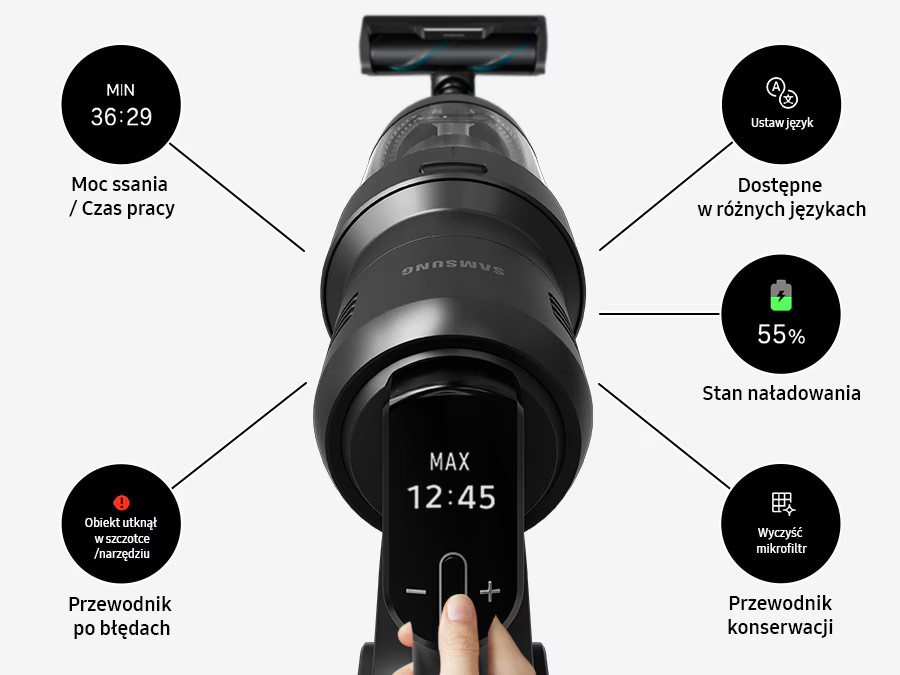 Interfejs odkurzacza wyświetlający ustawienia: czas, moc, bateria i błąd.