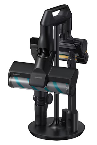 Czarny stojak na odkurzacz z akcesoriami, z czarną podstawą.