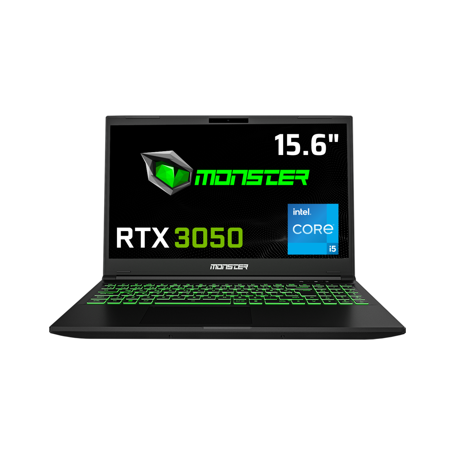 Siyah dizüstü bilgisayar, açık, yeşil arkadan aydınlatmalı klavye, RTX 3050 ve Intel i5 ekranı.