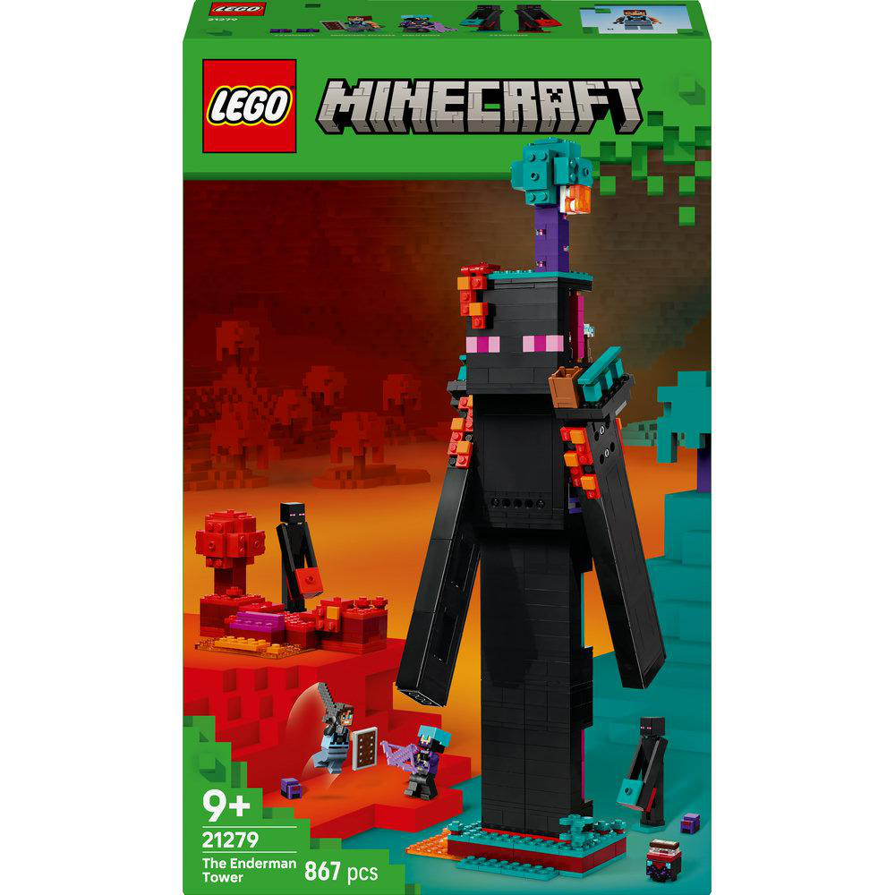 Lego Minecraft Set: Der Ender Drache Turm mit Endermännern, einem Spieler und anderen Minecraft-Elementen.