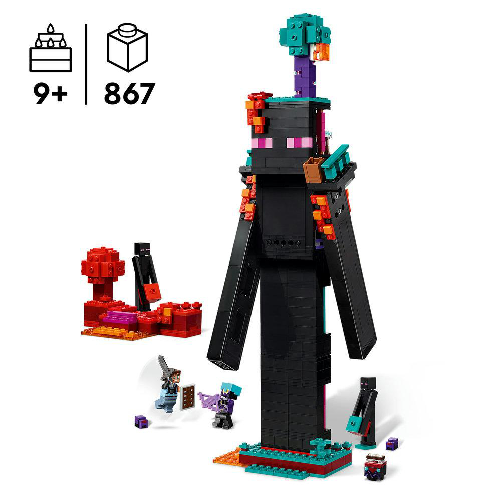 Lego Minecraft Set: Der Ender Drache Turm mit einer Minecraft-Szene und Charakteren, mit Alter und Stückzahl.