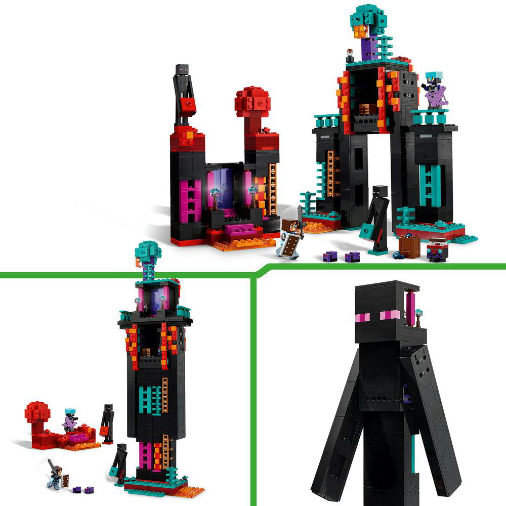 Mehrere Ansichten des Lego Minecraft Ender Drachen Turms, die verschiedene Bauphasen und Details zeigen.